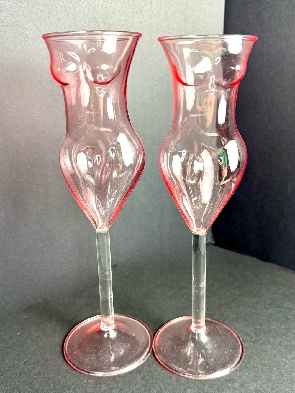 Set Of 2 Female Body Shaped Pink Champagne Glasses With Clear Stem. Novelty.